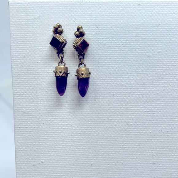 Vintage 925 Gold Plated Purple Stone Dangle Earrings